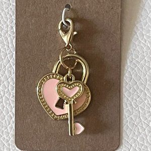 GOLDTONED PINK HEART CHARM LOCKET WITH KEY ON LOBSTER CLASP